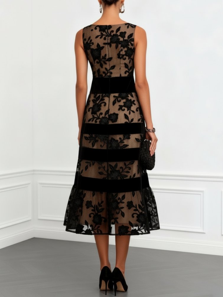 Black Mesh Floral Sleeveless A-Line Midi Dress Front