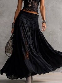 Black Sheer Lace-Paneled Top and Pleated Maxi Skirt Set Detail