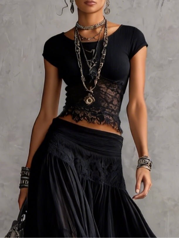 Black Sheer Lace-Paneled Top and Pleated Maxi Skirt Set Front