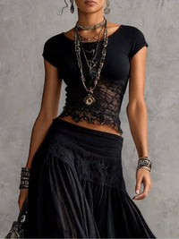 Black Sheer Lace-Paneled Top and Pleated Maxi Skirt Set Front