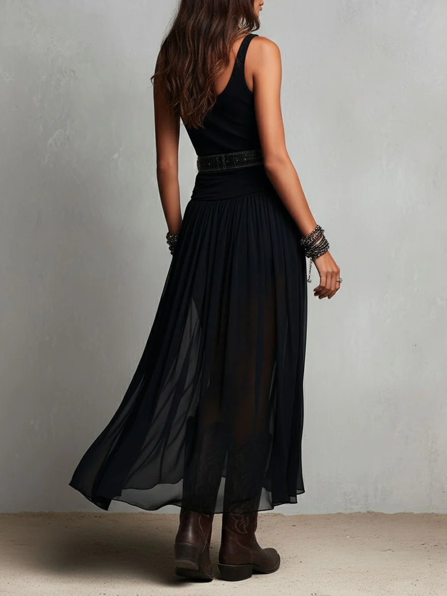 Black Sleeveless Tank Top With Tulle Skirt Maxi Dress (with belt) Back