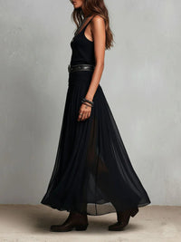Black Sleeveless Tank Top With Tulle Skirt Maxi Dress (with belt) Close Up