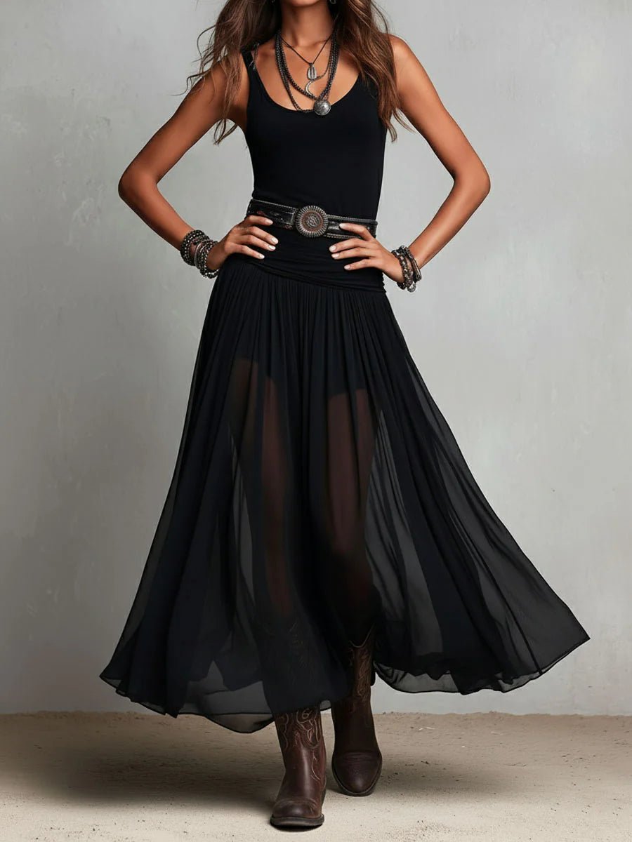 Black Sleeveless Tank Top With Tulle Skirt Maxi Dress (with belt) Detail