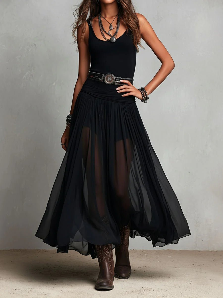 Black Sleeveless Tank Top With Tulle Skirt Maxi Dress (with belt) Front