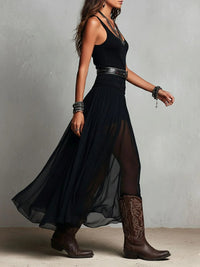 Black Sleeveless Tank Top With Tulle Skirt Maxi Dress (with belt) Side