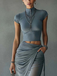 Blue Cropped T-Shirt and Sheer Mesh Draped Skirt Set Detail
