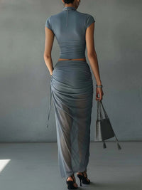 Blue Cropped T-Shirt and Sheer Mesh Draped Skirt Set Front