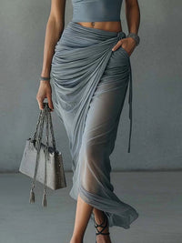 Blue Cropped T-Shirt and Sheer Mesh Draped Skirt Set Side