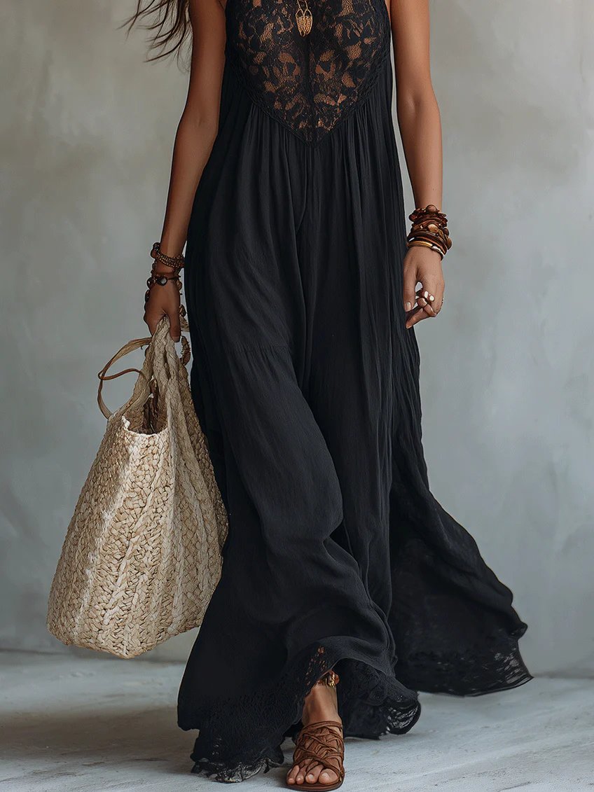 Bohemian Black Sleeveless Lace-Trimmed Maxi Dress Back