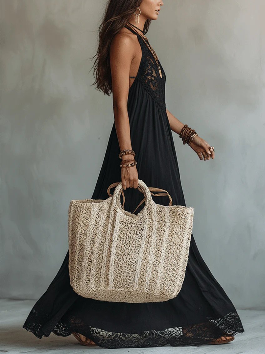 Bohemian Black Sleeveless Lace-Trimmed Maxi Dress Detail