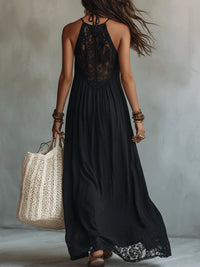 Bohemian Black Sleeveless Lace-Trimmed Maxi Dress Front