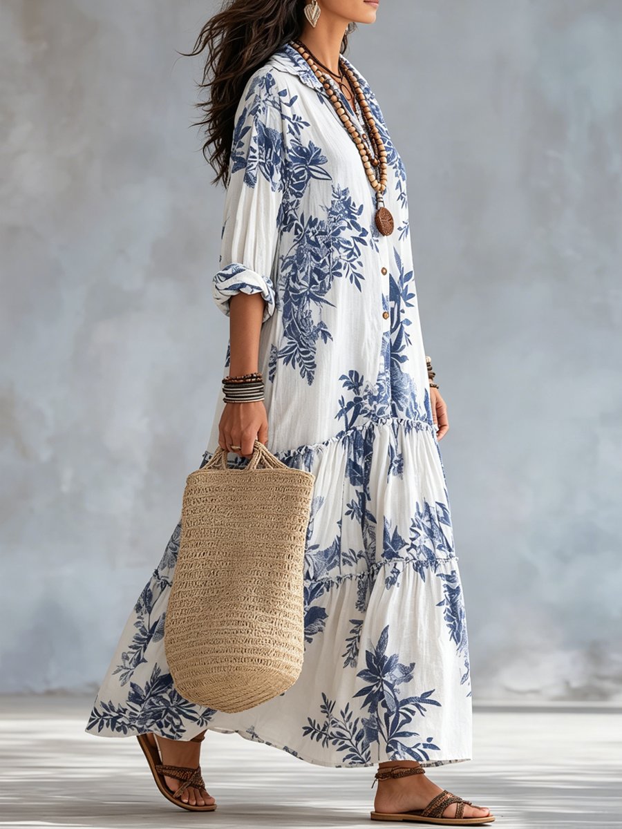 Bohemian Blue Floral Button-down Maxi Dress Back