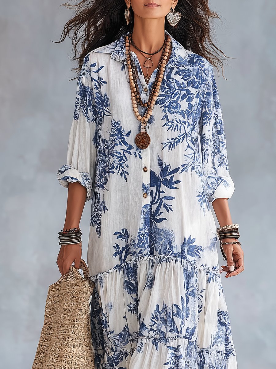 Bohemian Blue Floral Button-down Maxi Dress Close Up
