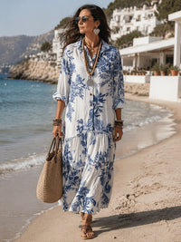 Bohemian Blue Floral Button-down Maxi Dress Detail