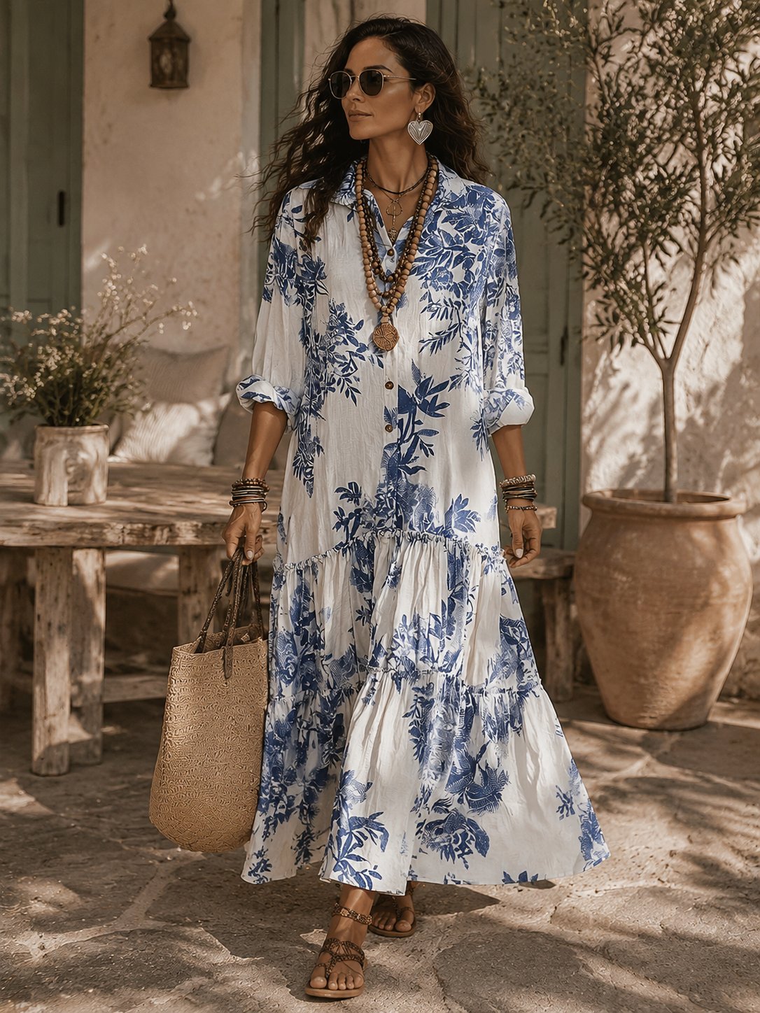 Bohemian Blue Floral Button-down Maxi Dress Front