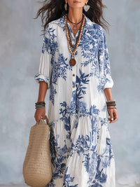 Bohemian Blue Floral Button-down Maxi Dress Lifestyle