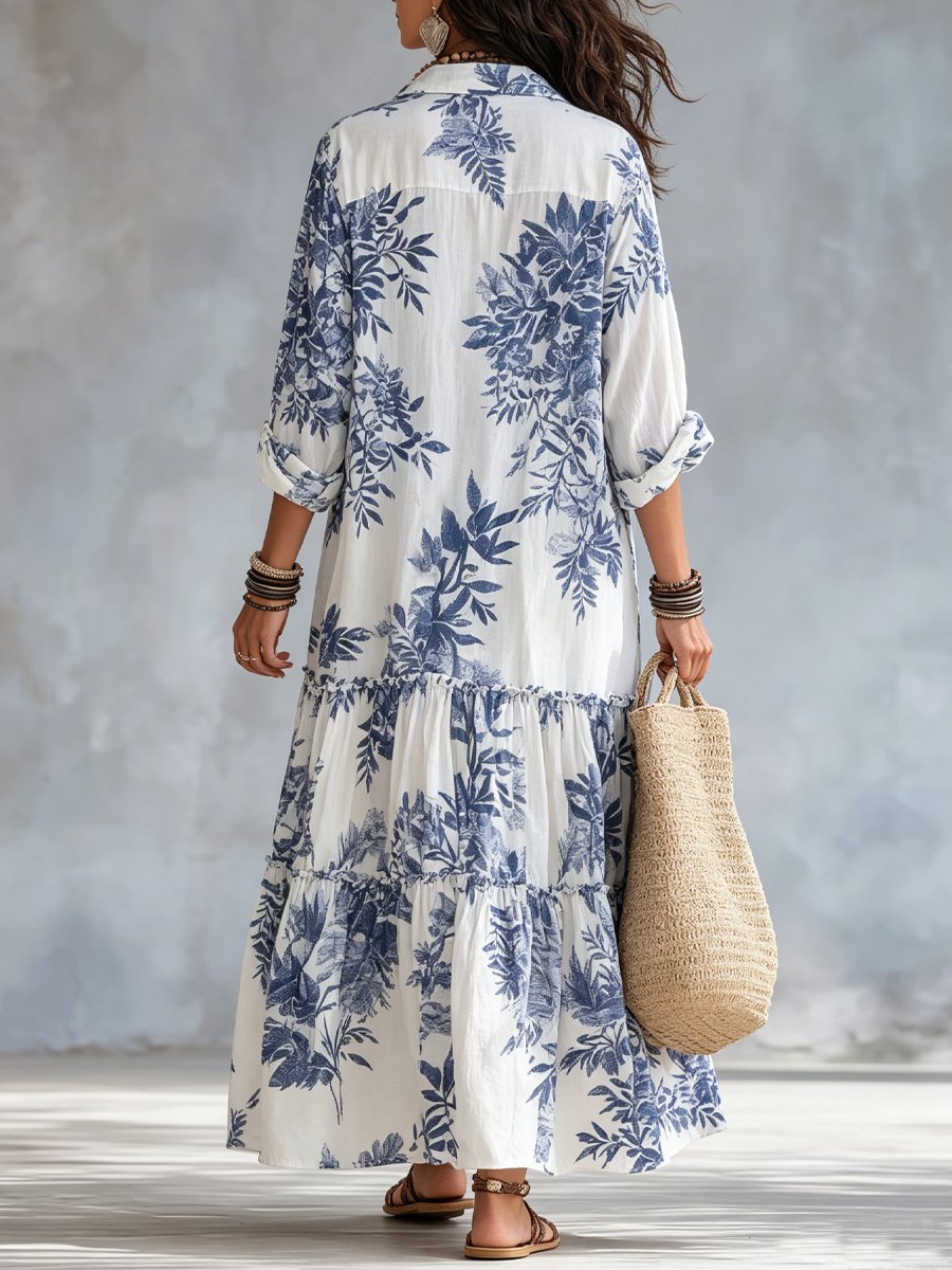 Bohemian Blue Floral Button-down Maxi Dress Side