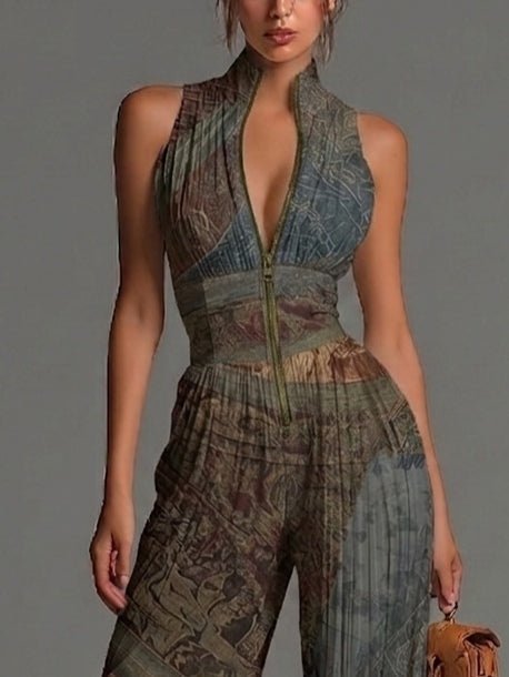 Bohemian Ethnic Print Sleeveless Zipper Pleated Wide-leg Chiffon Jumpsuit Detail