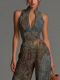 Bohemian Ethnic Print Sleeveless Zipper Pleated Wide-leg Chiffon Jumpsuit Detail