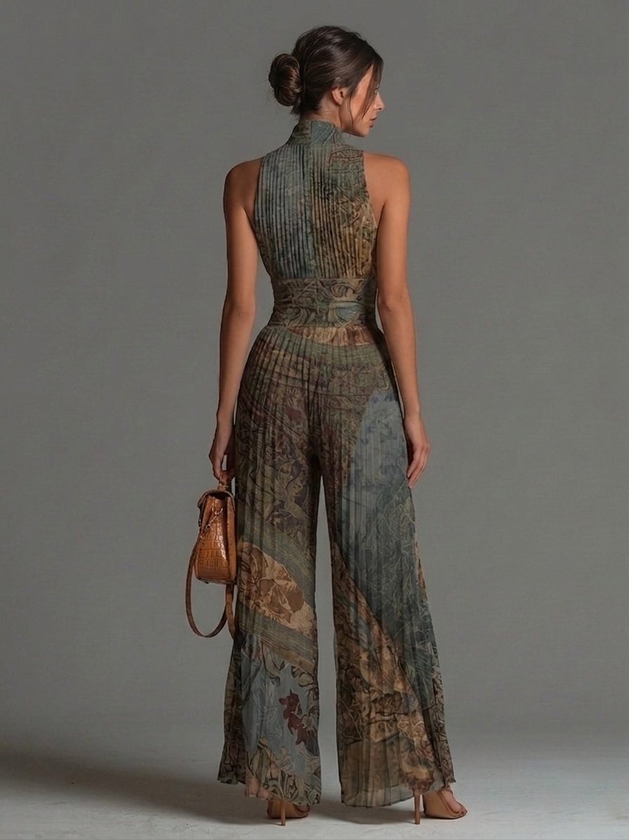 Bohemian Ethnic Print Sleeveless Zipper Pleated Wide-leg Chiffon Jumpsuit Front