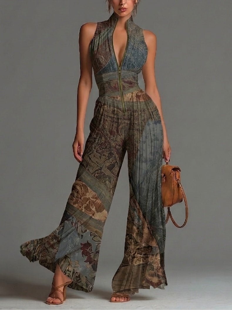 Bohemian Ethnic Print Sleeveless Zipper Pleated Wide-leg Chiffon Jumpsuit Hero