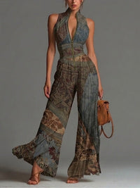 Bohemian Ethnic Print Sleeveless Zipper Pleated Wide-leg Chiffon Jumpsuit Hero