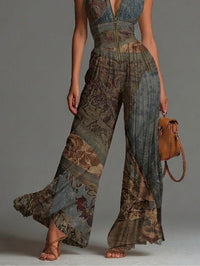 Bohemian Ethnic Print Sleeveless Zipper Pleated Wide-leg Chiffon Jumpsuit Side