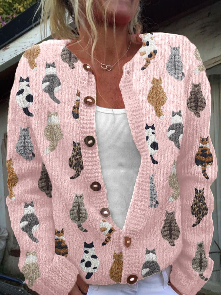 Charlotte™ | Cozy Cat Print Cardigan Front