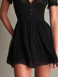 Classic Muse Smocked Lace-Trim Black  Mini Dress Angle