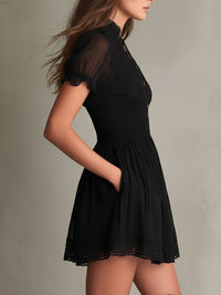 Classic Muse Smocked Lace-Trim Black  Mini Dress Back