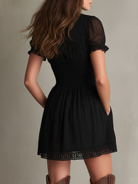 Classic Muse Smocked Lace-Trim Black  Mini Dress Close Up