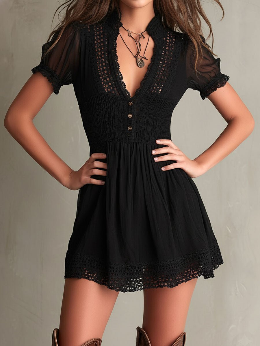 Classic Muse Smocked Lace-Trim Black  Mini Dress Detail