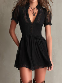 Classic Muse Smocked Lace-Trim Black  Mini Dress Front