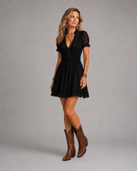 Classic Muse Smocked Lace-Trim Black  Mini Dress Hero
