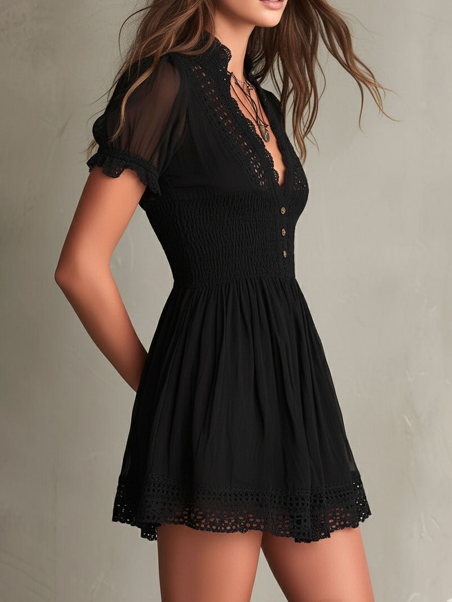 Classic Muse Smocked Lace-Trim Black  Mini Dress Side