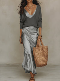Effortless Ivory Knit & Satin Midi Ensemble Back