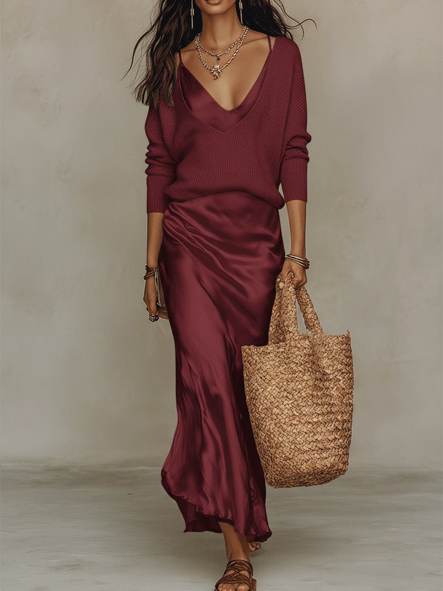 Effortless Ivory Knit & Satin Midi Ensemble Full