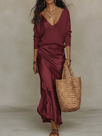 Effortless Ivory Knit & Satin Midi Ensemble Full