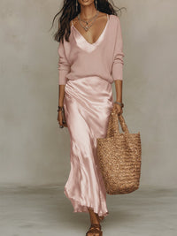 Effortless Ivory Knit & Satin Midi Ensemble View 12