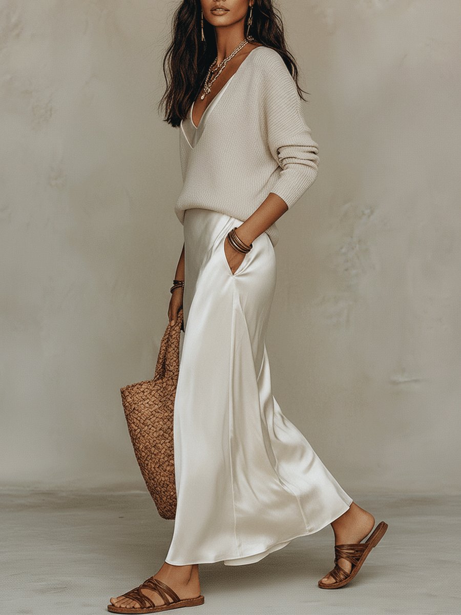 Effortless Ivory Knit & Satin Midi Ensemble View 13