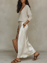 Effortless Ivory Knit & Satin Midi Ensemble View 13