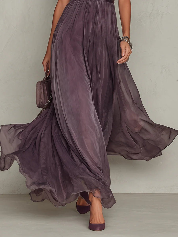 Flavia | Long purple dress with keyhole neckline, chiffon lace trim Back