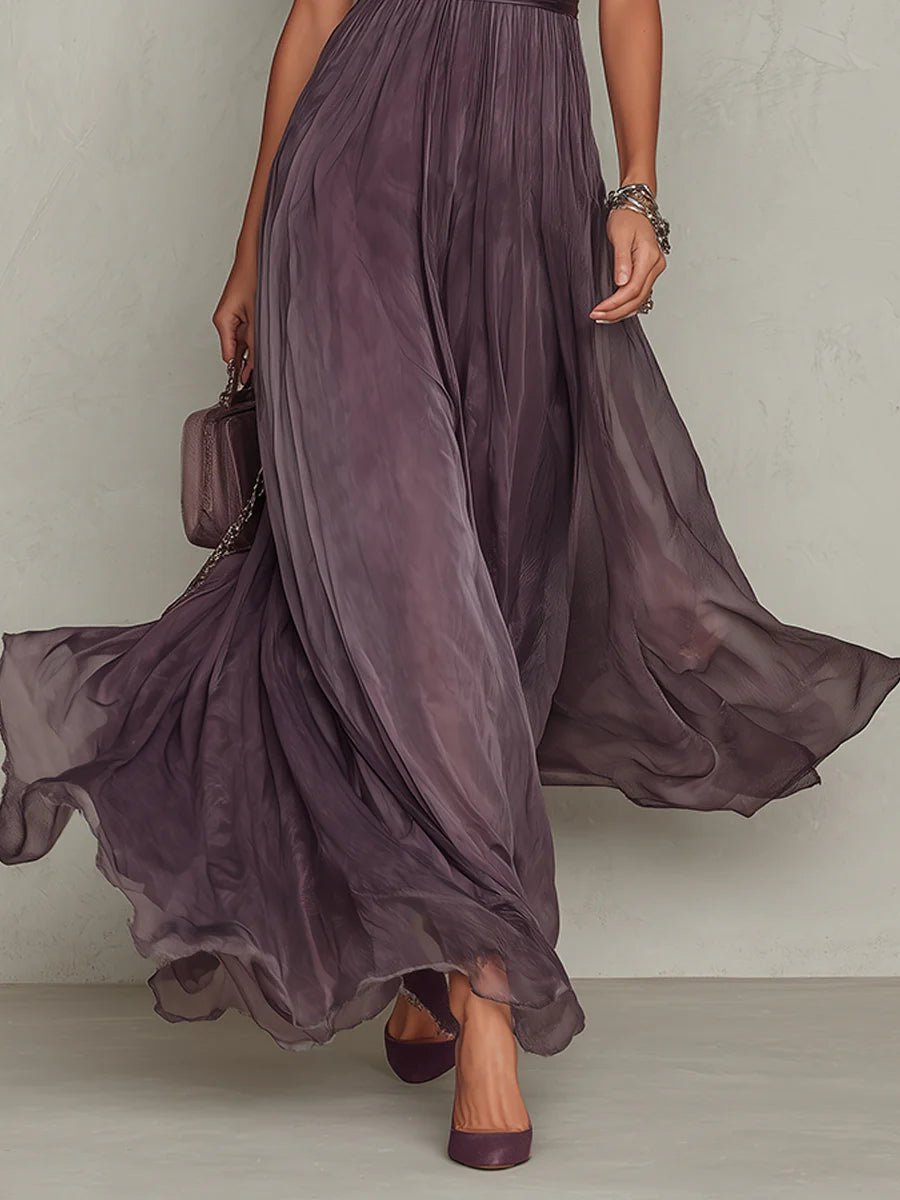 Flavia | Long purple dress with keyhole neckline, chiffon lace trim Back