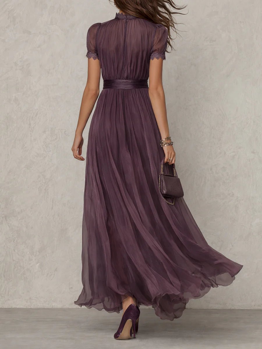Flavia | Long purple dress with keyhole neckline, chiffon lace trim Detail