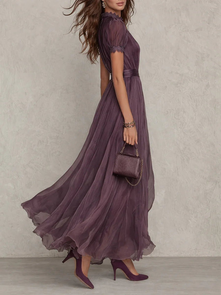 Flavia | Long purple dress with keyhole neckline, chiffon lace trim Front