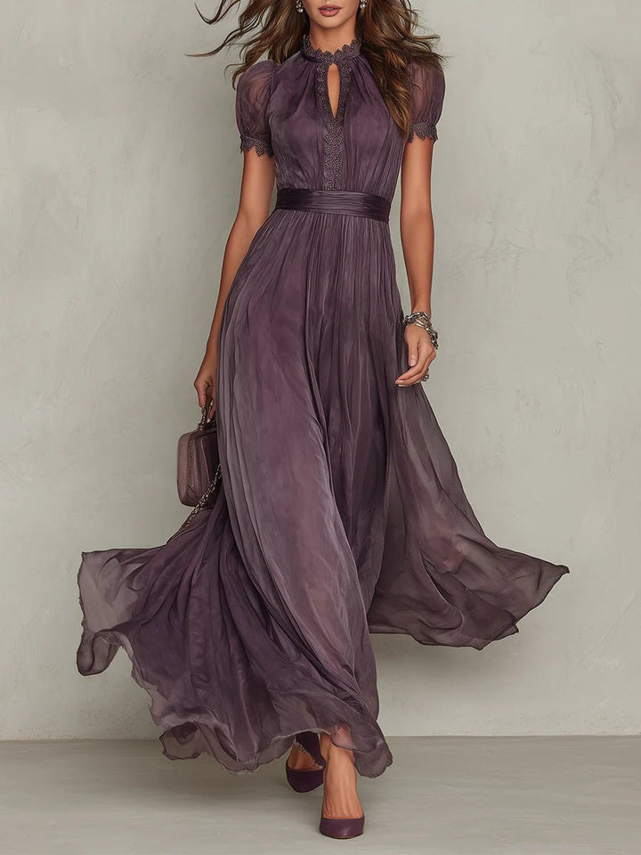 Flavia | Long purple dress with keyhole neckline, chiffon lace trim Hero