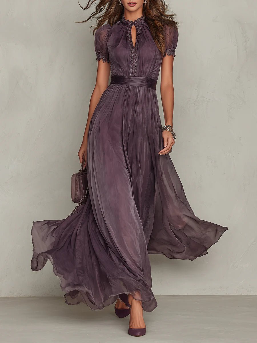 Flavia | Long purple dress with keyhole neckline, chiffon lace trim Hero