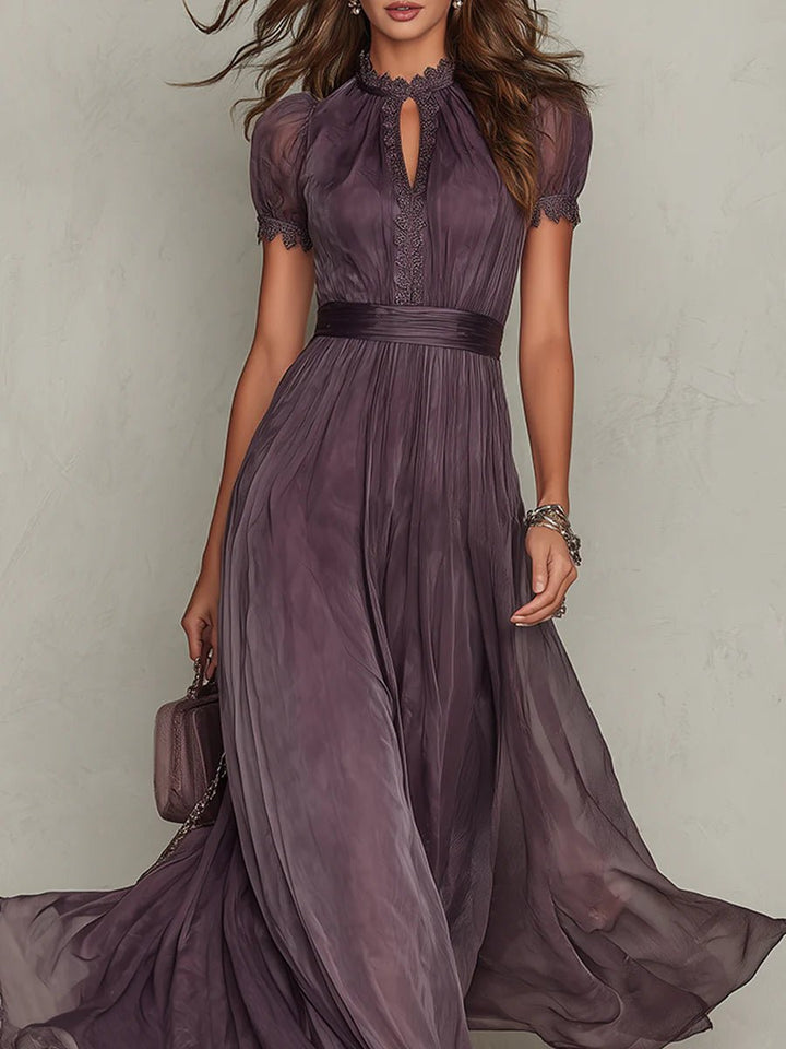 Flavia | Long purple dress with keyhole neckline, chiffon lace trim Side