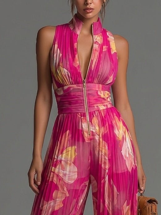 Fuchsia Floral Print Sleeveless Zippered Pleated Wide-leg Chiffon Jumpsuit Detail