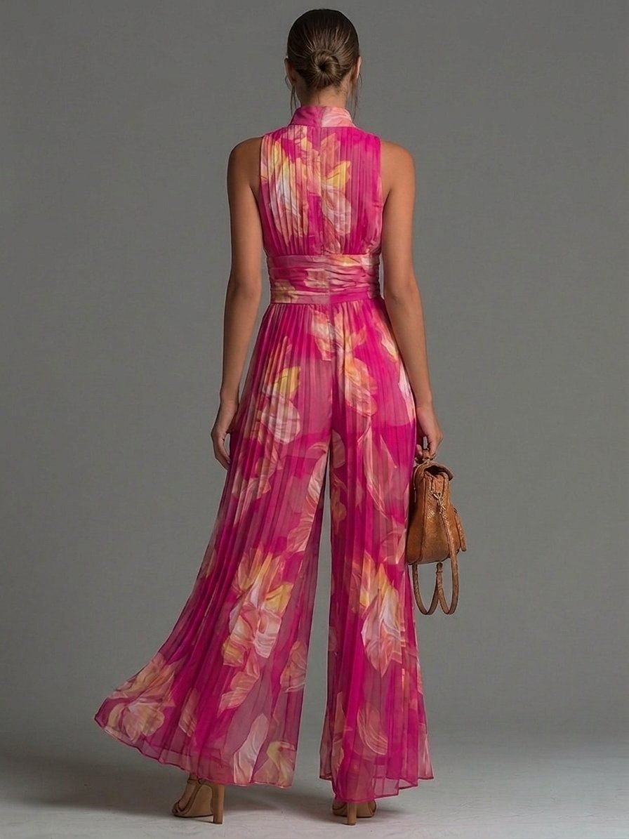 Fuchsia Floral Print Sleeveless Zippered Pleated Wide-leg Chiffon Jumpsuit Front